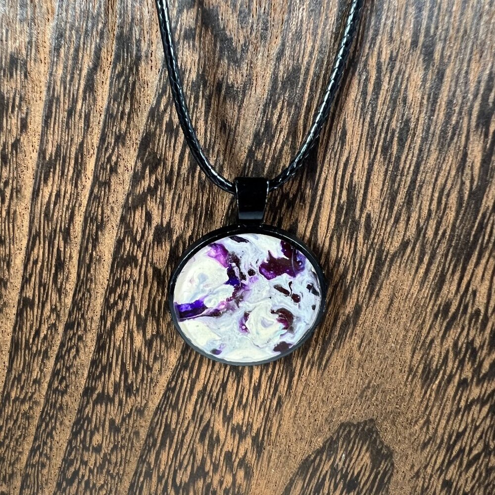 Purple-White Handmade Acrylic Pour Pendant Necklace By MarleeKat Creations - Picture 2 of 2